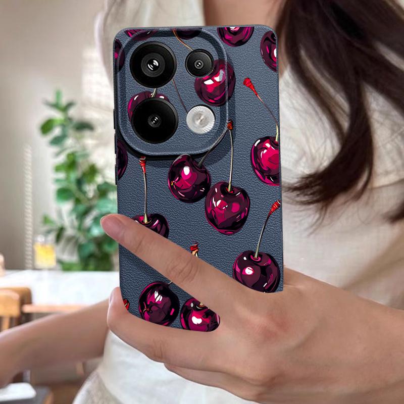 Retro Oil Painting Style Cherry Pattern Case For Xiaomi 14T 13T 11T Pro Funda Redmi Note 14 13 Pro 5G 12 11 Leather Texture Silicone Cover