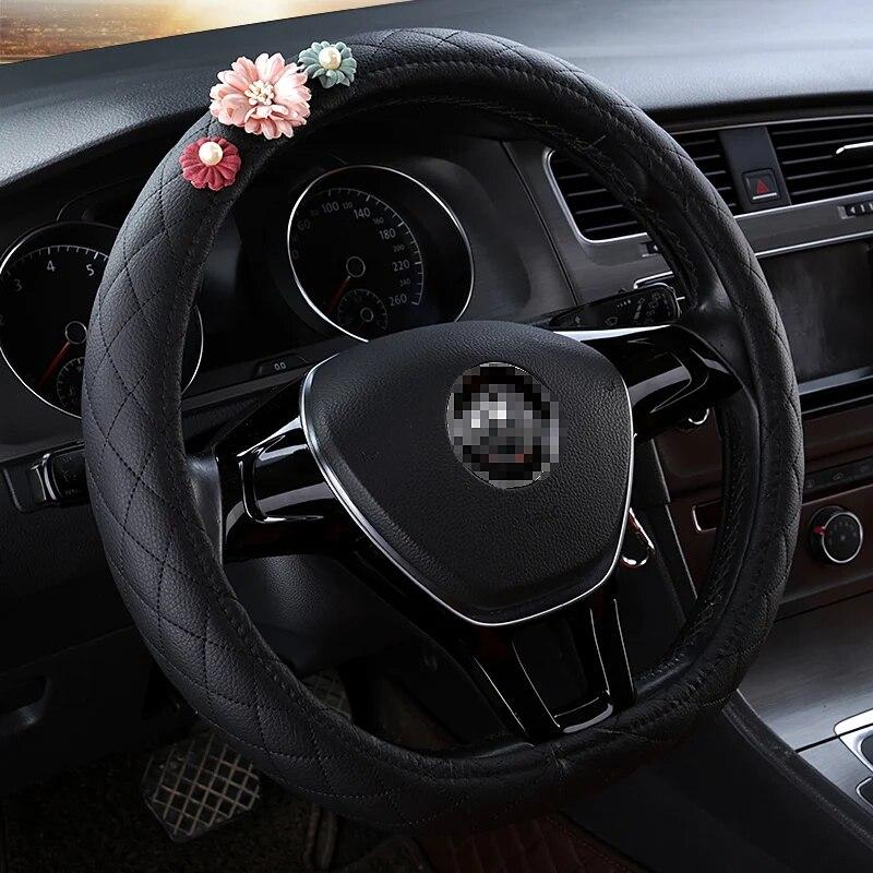 DERMAY Black Car Steering Wheel Cover with Cute Flower for Women Girls Size M Fit 14-15" Steering Wheel 95% Cars O and D Shape
