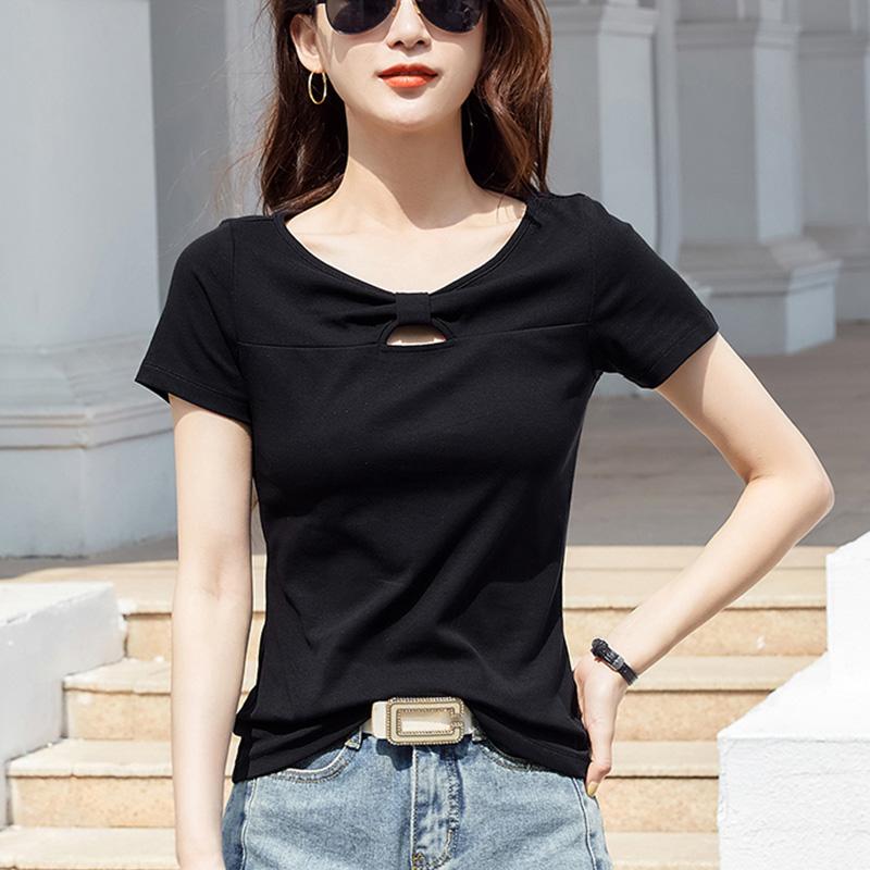 Hollow Chest Bowknot Sweet Korean Version of Slim Cotton Short-sleeved Women's T-shirt Fashion One-shoulder Half-sleeved Top