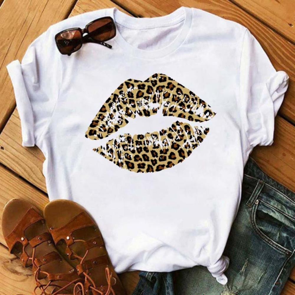 New Women Pink Lips Leopard Graphic T Shirt Casual Fahion O-neck Sexy Black Tees Kiss Lip Funny Girls Tshirt