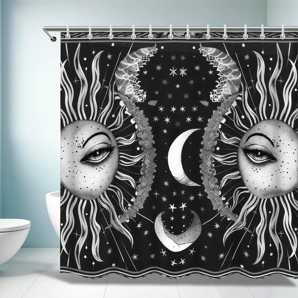 ~O~Vintage Sun & Moon Shower Curtain - Starry Sky Pattern, MacPolyester, Artistic Bathroom Set, Retro Design