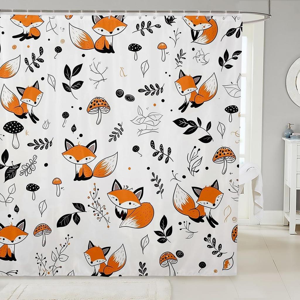 Pink Fox Shower Curtain Japanese Cherry Blossoms Bath Curtain Girls Teens Cute Cartoon Bathroom Shower Curtain Set Waterproof