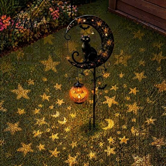 Dekorative Herbstblumenbeetleuchten Halloween Solar-Gartensteckerleuchte, Metall Schwarzkatze & Kürbis Mond Wasserdicht Strombetrieben Dekorationen für Rasen