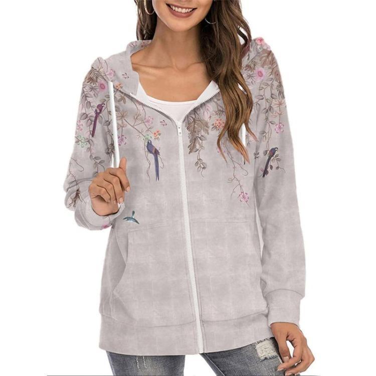 Loose Casual Women Hoodie Full Zip Long Sleeve Floral Print Jacket With Pockets