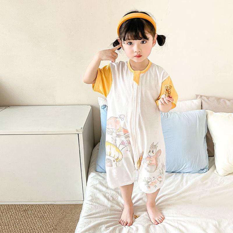 Baby Summer Breathable Cotton Mesh Short Sleeve Jumpsuit Pajamas with Split-Leg Design 120cm (Height 110-120cm)