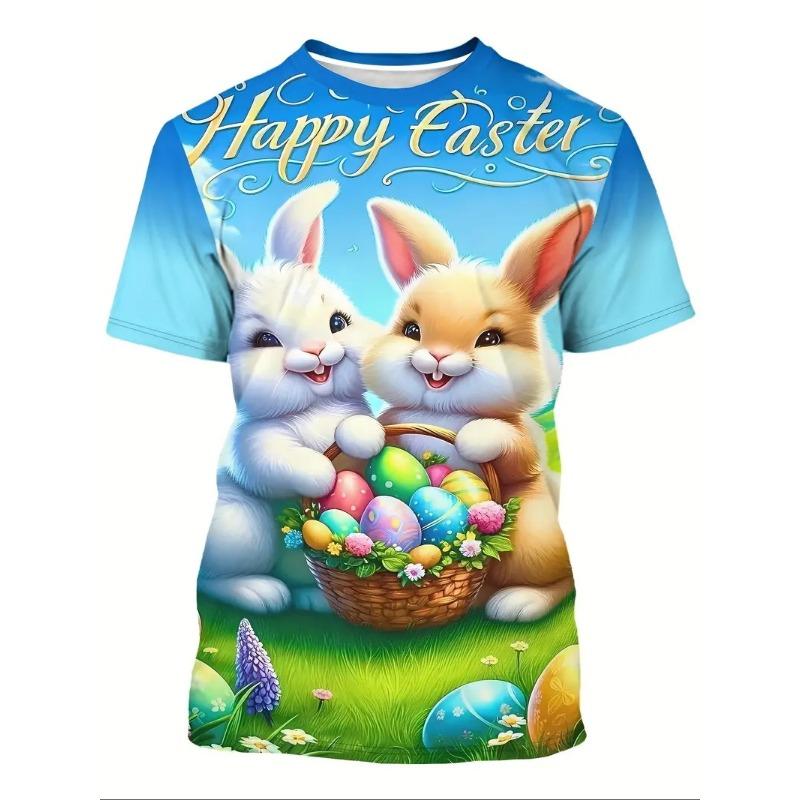 Men's Easter Bunny Tshirt Tops 3D Print Cute Rabbit With Eggs T Shirt For Men New In Round Neck Short Sleeve Tee Shirts