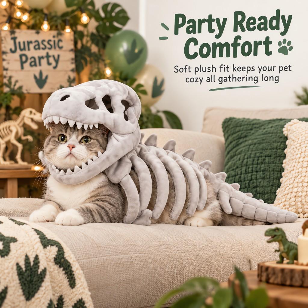 Pet dinosaur skeleton-shaped clothing, soft plush material, 3D three-dimensional tailoring, suitable for cat and dog dress-up clothing, suitable