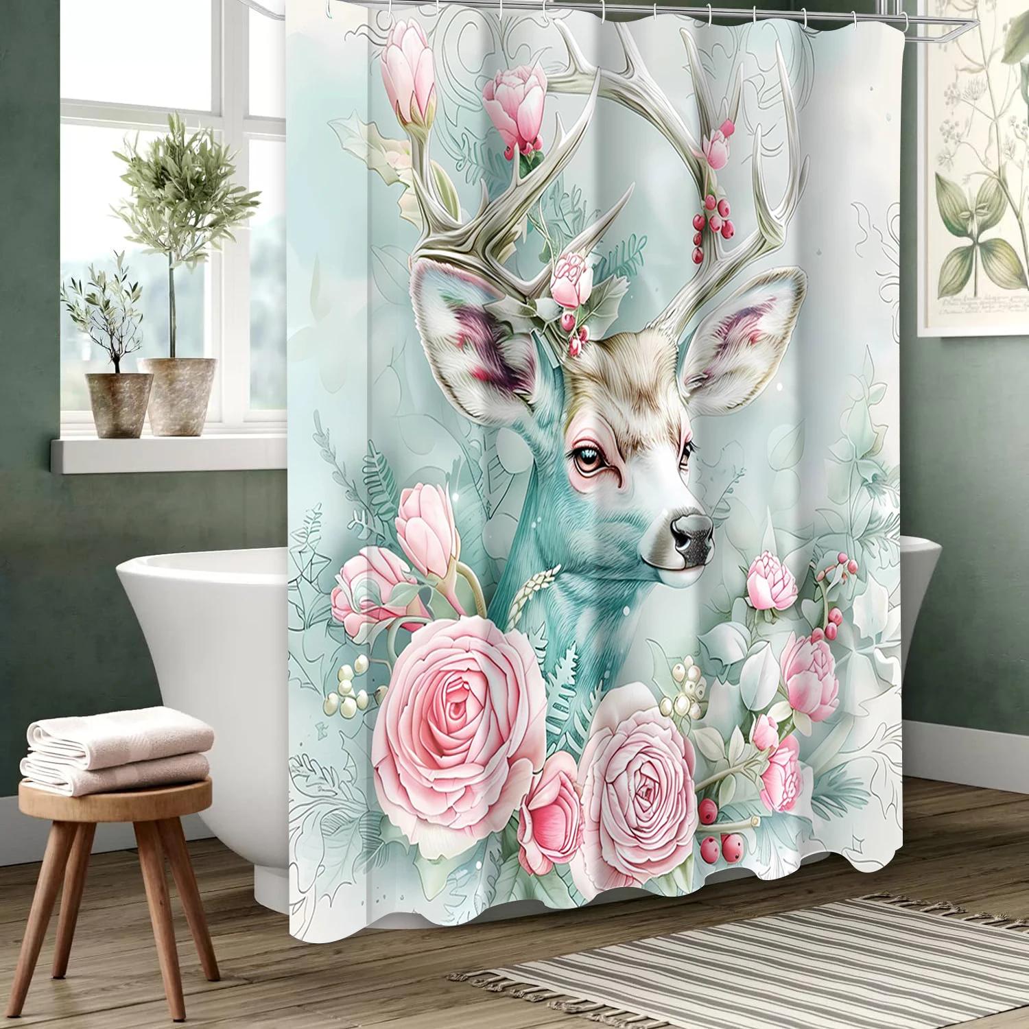 

Reindeer Floral Pattern Bathing Curtain Bathroom Shower Curtain Waterproof With 12 Hooks Home Deco W60H190(CM)-1 Pcs