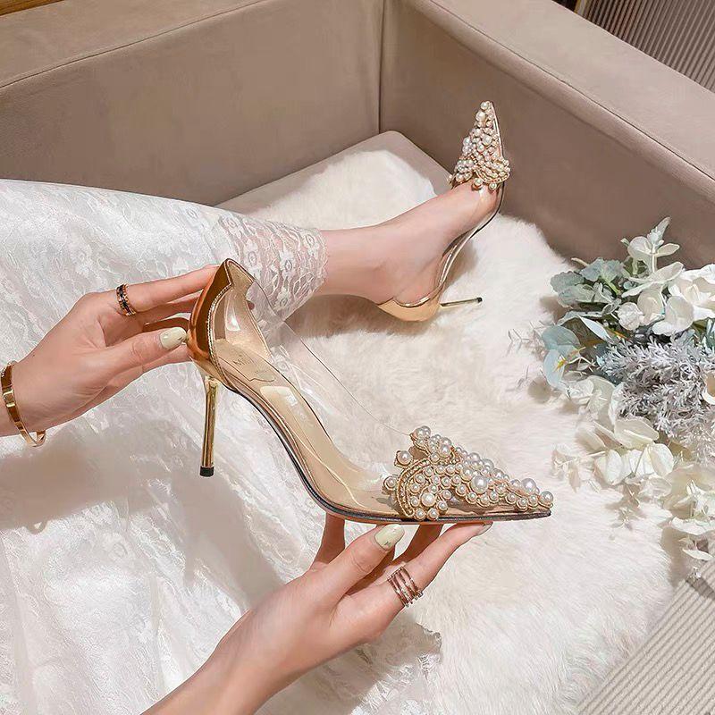 Fashion Women's Single Shoes Summer New Ultra High Heels Pointed Pearl Transparent Shallow Heels Fashion Temperament Stiletto