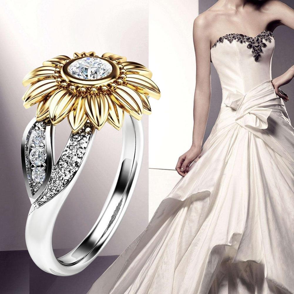 Fashionable Female Copper Engagement Round Sunflower Ring with Zircon Decoration 6#