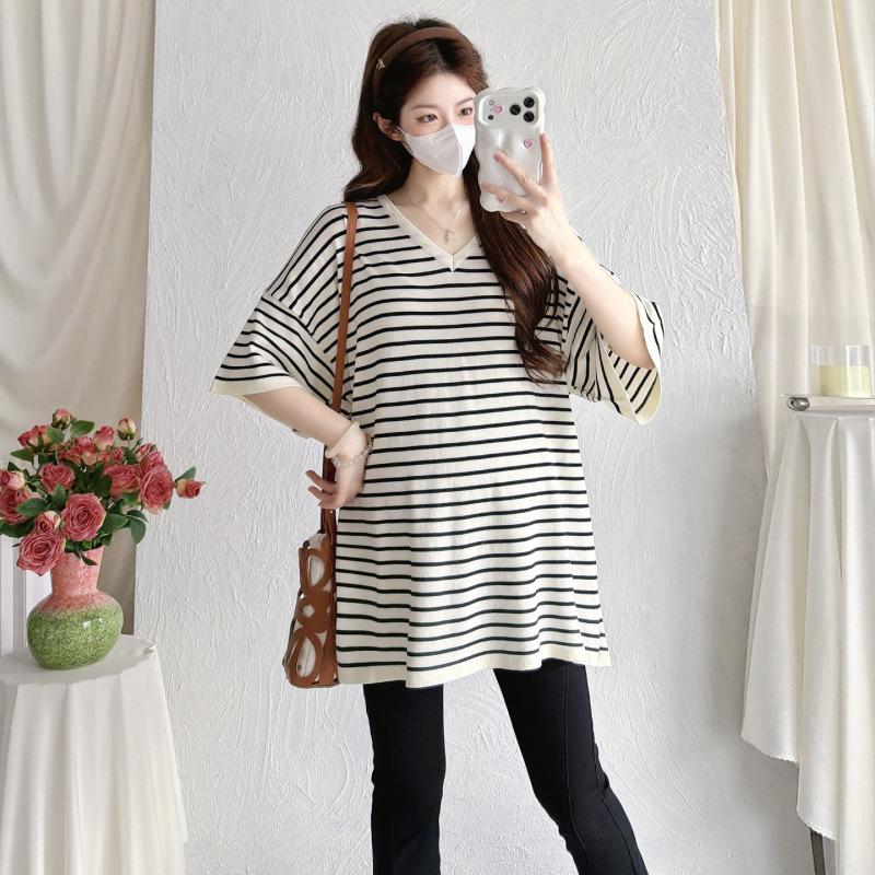 2026 Large Size Maternity Striped Short Sleeve Top - Korean Fashion, Casual Loose Fit M