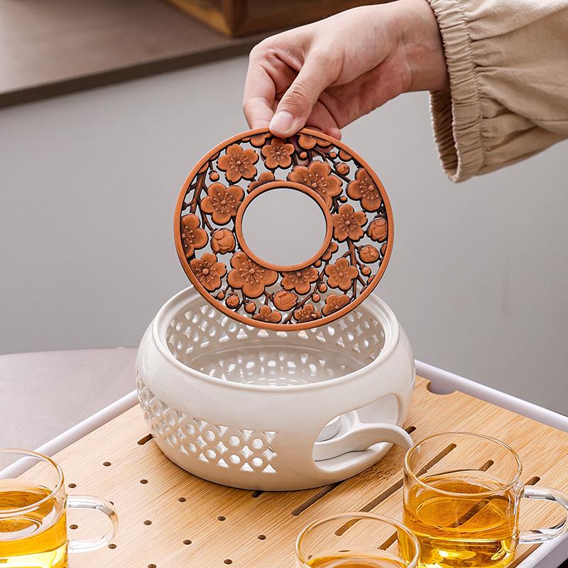 Japanese Style Ceramic Tea Warmer with Candle-Heated Insulated Glass Pot.