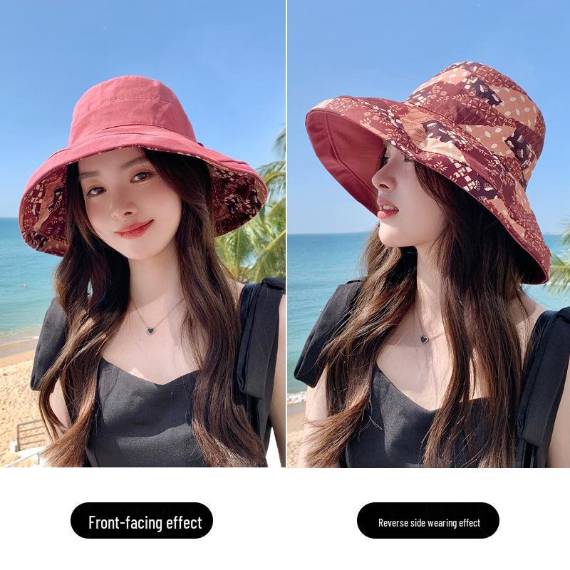 Women's Double-sided Sun Protection Bucket Hat - Summer Pure Cotton Anti-UV Wide Brim, Foldable for Travel.