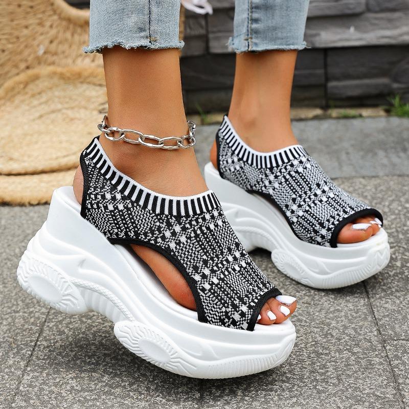 Fashion Platform Sandals with Sloping Heels Women's Round Head Open Toe Mesh Breathable Anti-slip Wear-resistant High Heels