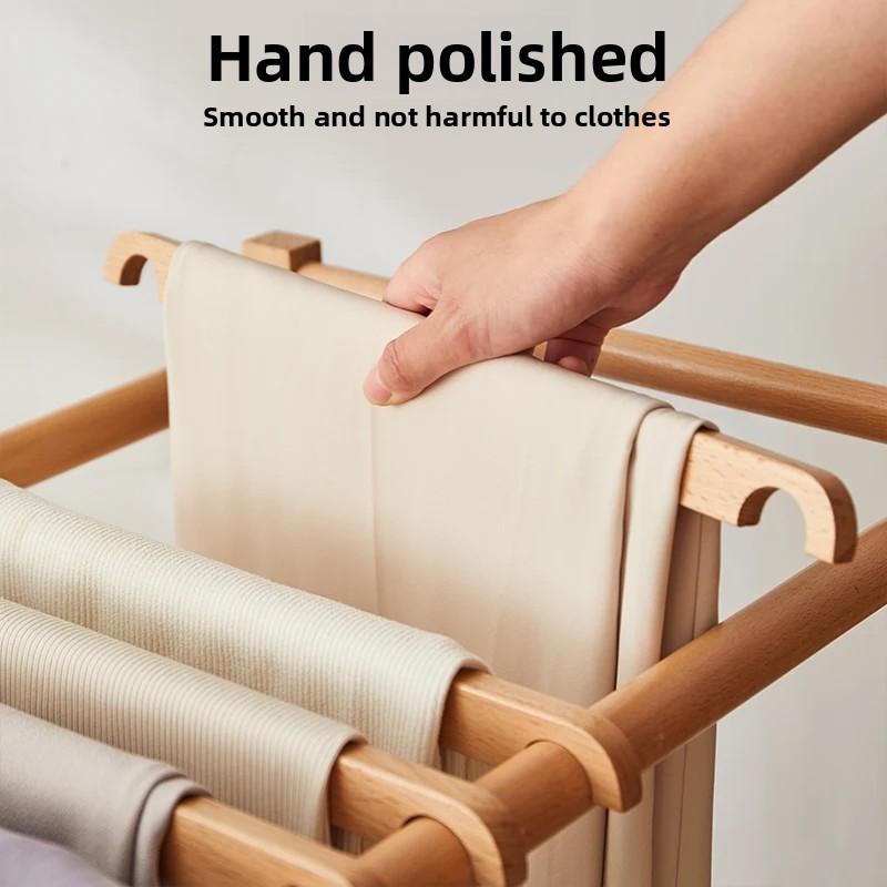 Solid Wood Pant Rack - Foldable Garment Organizer with 10 Hangers, Rolling Trouser Holder for Walk-In Closet, Bedroom & Laundry