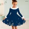 Girls Furry Collar Long Sleeve Dark Blue Snowflake Printed A Line Dress With Big Bow