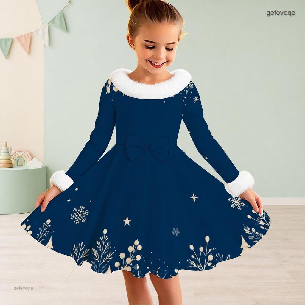 Girls Furry Collar Long Sleeve Dark Blue Snowflake Printed A Line Dress With Big Bow