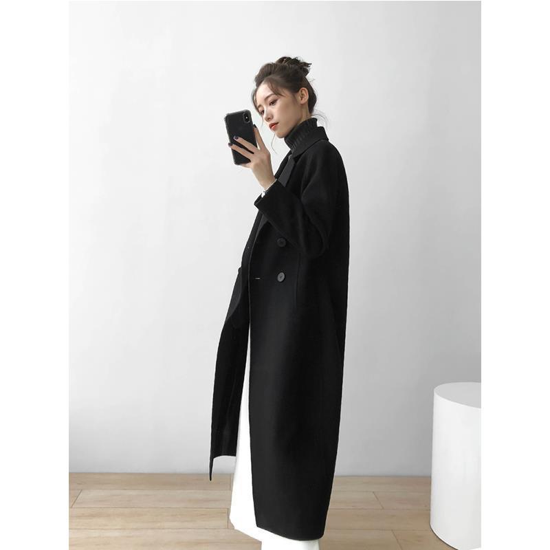 Women's Mid-Length Black Wool Coat - 2023 Autumn/Winter Thickened Slimming Versatile Korean Style Overcoat