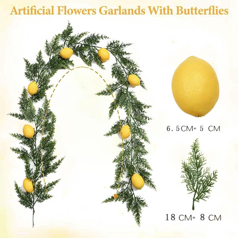 Artificial Cedar Lemon Garland 5.74Ft 175cm Realistic PVC Fabric Green Foliage with Yellow Lemons Indoor Decor