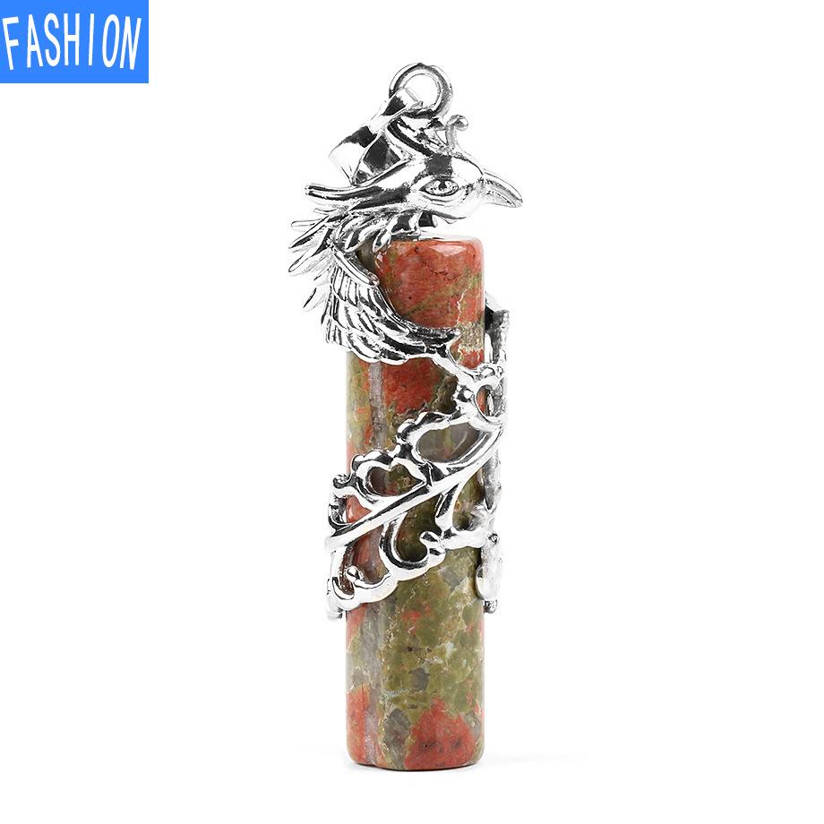 Creative Mascot Wrapped Natural Stone Cylindrical Pendant And Pink Crystal Necklace