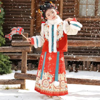 Costum Tang de Iarnă Hanfu pentru Fetițe 2025: Rochie elegantă groasă din bumbac pentru Anul Nou Chinezesc