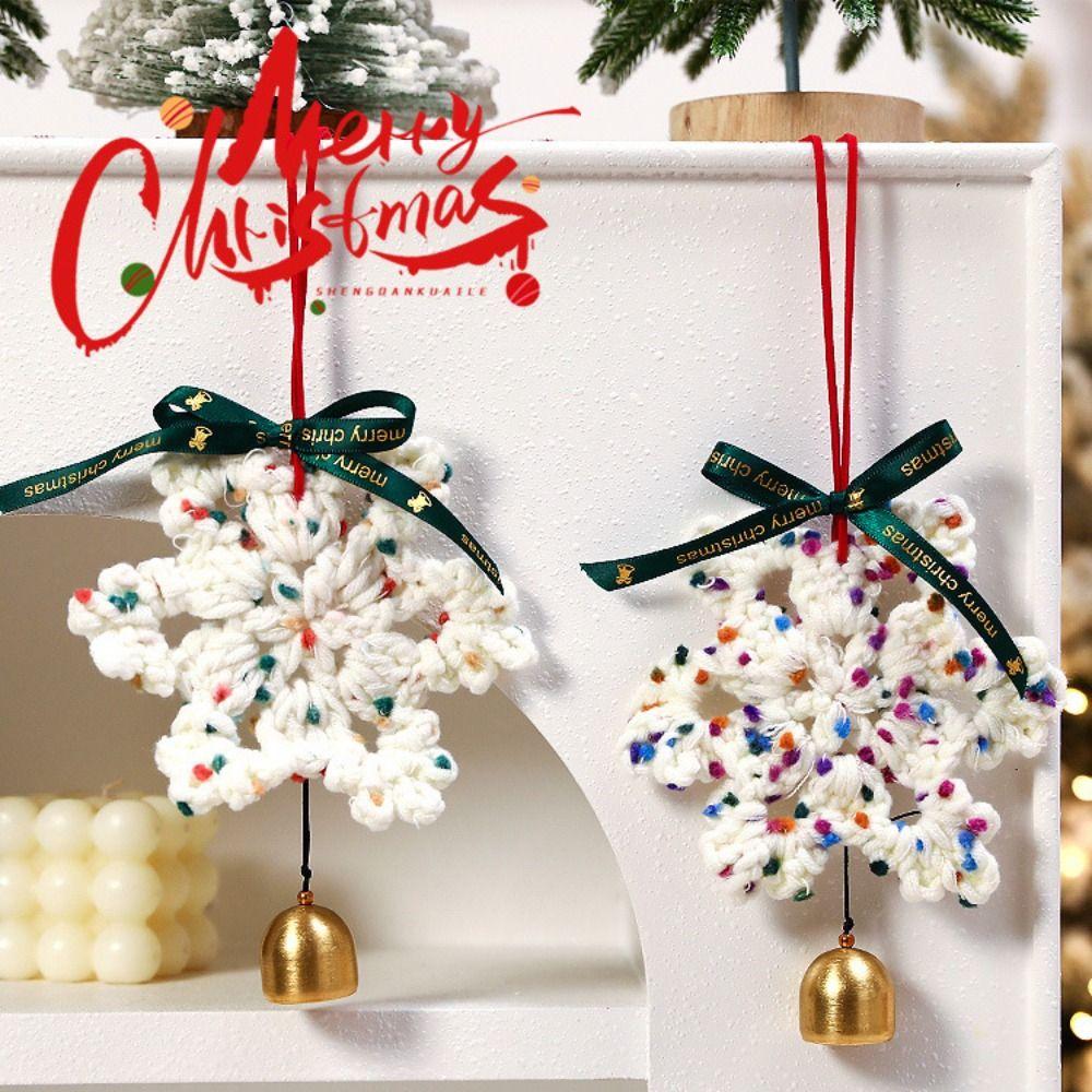 Hand-knitted Christmas Bell Pendant Creative Crisp Sound Crochet Snowflake Pendant Ribbon Bow 16cm Handmade Snowflake Charm