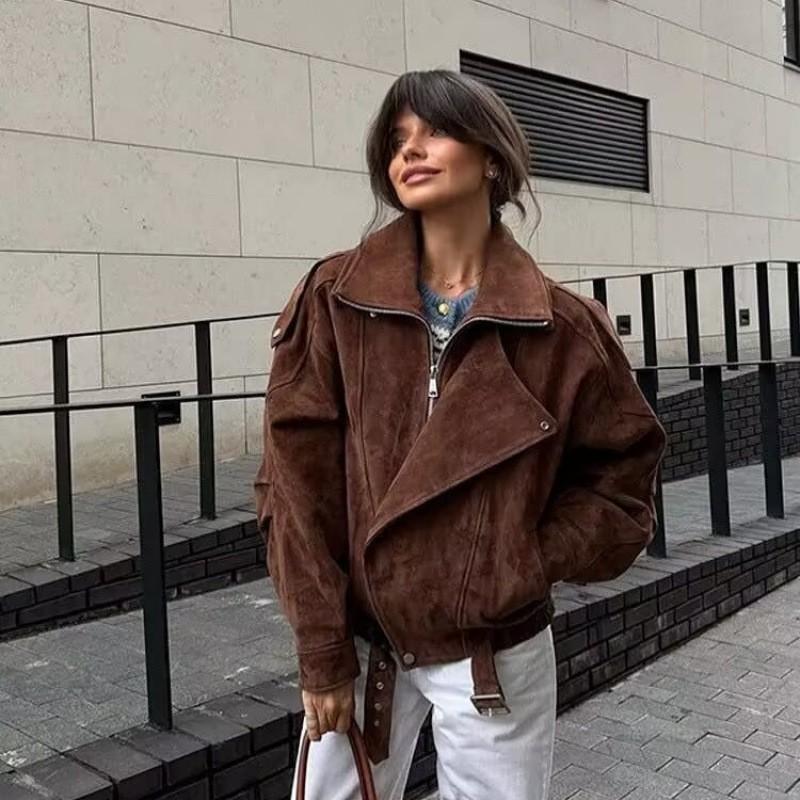Womens Oversized Faux Suede Jacket 2025 Streetwear Long Sleeve Zip-Up Coat In Brown Shades