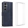 For Samsung Galaxy S25 Case with 2Pcs Tempered Glass WANLONFENG WN Series Calf Texture Leather Phone Cover Big Cutouts