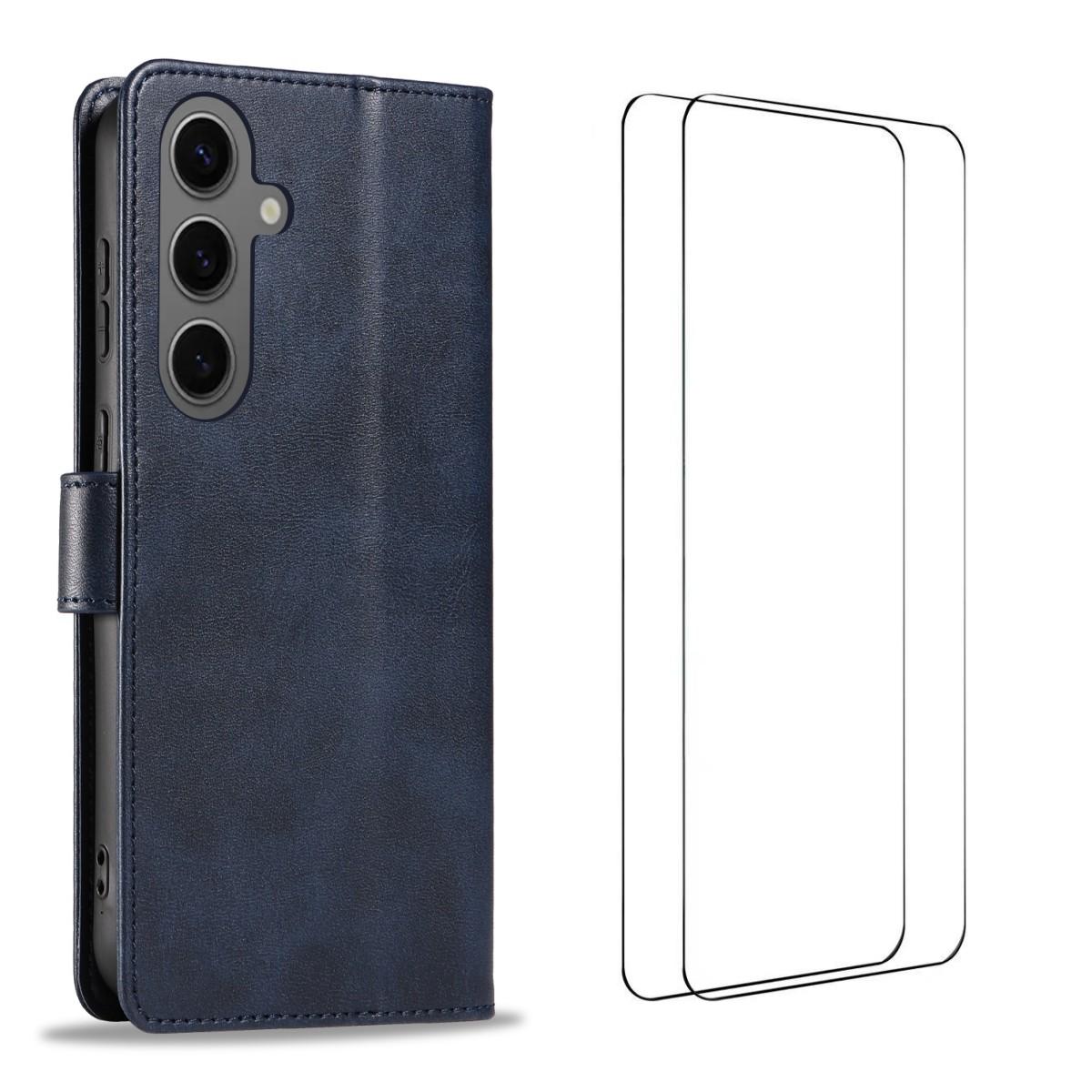 

For Samsung Galaxy S24+ Case with 2Pcs Tempered Glass WANLONFENG WN Series Calf Texture Leather Phone Cover Big Cutouts Sapphire