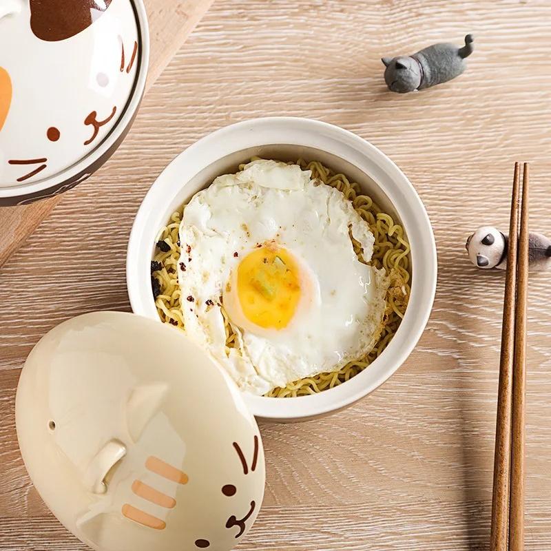 Creative Japanese Ceramic Soup Bowl Cute Cartoon Animals Cat Bowl with Lid Household Instant Noodles Rice Bowls Tableware