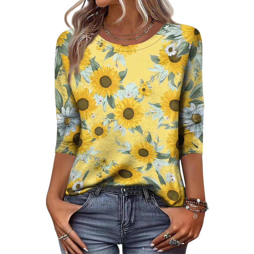 Moda damska Casual Okrągły dekolt Rękaw 3/4 Luźny T-Shirt z nadrukiem Damski top