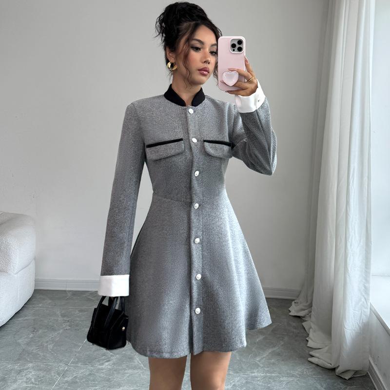 

YYFS Женская мода Весна Осень Однотонный принт Длинный рукав Воротник-стойка Высокая талия Повседневные платья XL серый