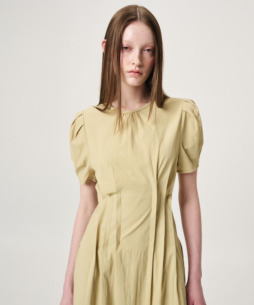 Etmont Waist Pintuck Dress, Olive Yellow