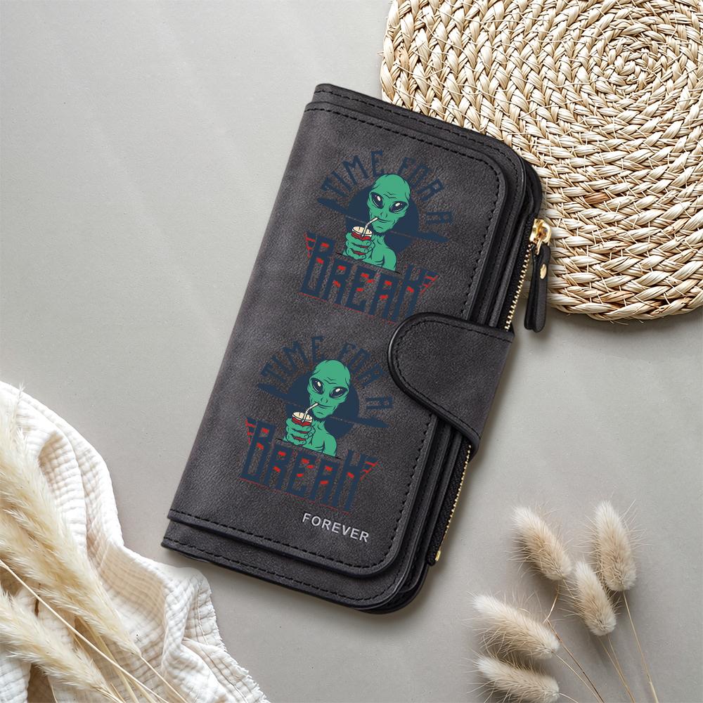 Creative Alien Print Long Wallet Large Capacity PU Leather Multi Card Slot Fashion Leisure Zipper Wallet
