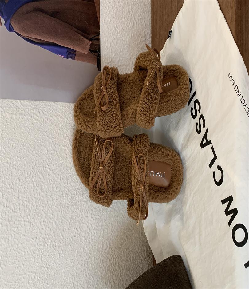 Small inner height increase fluffy shoes for women outside wear 2025 new autumn and winter Mary Jane bow velvet beanie cotton shoes