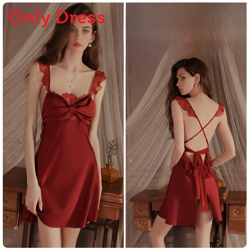 Women Satin Sleepwear Set With Lace Splicing And Bow Detail For Home And Hotel Use