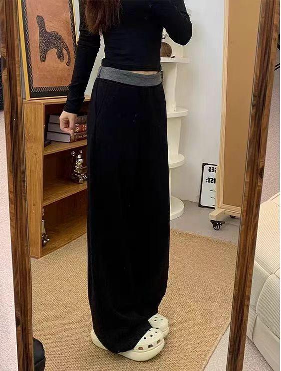 Plus Size Women's High Waist Patchwork Sports Pants - Loose Slimming Wide Leg Floor Length