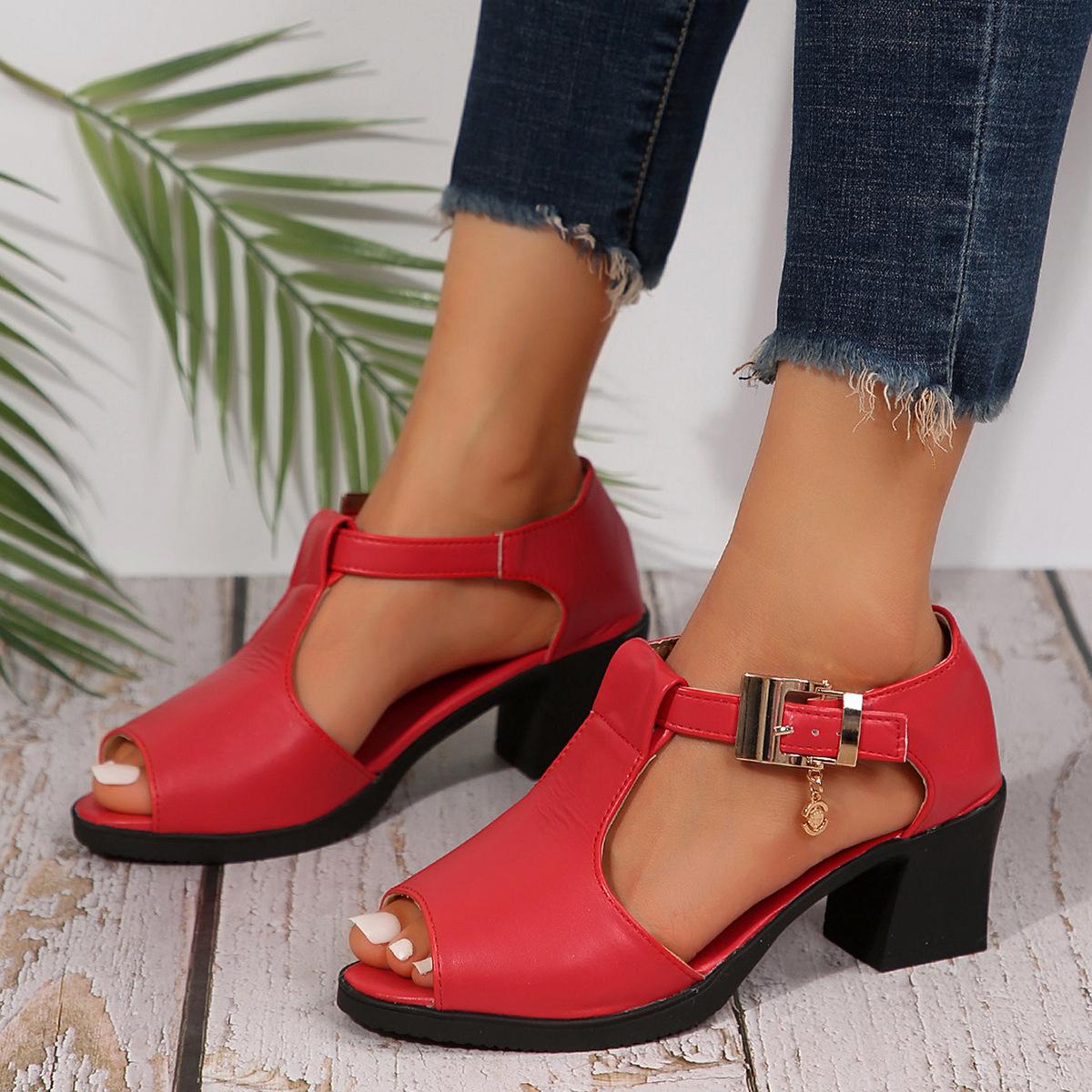 

модные мягкие летние женские босоножки из искусственной кожи с открытым носком на высоком каблуке, туфли для мам, однотонные повседневные гладиаторские босоножки на толстом каблуке, женские 38 красный