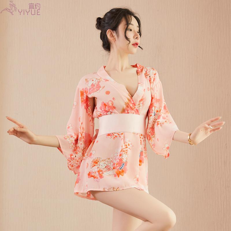 New Japanese-style Printed Kimono Sexy and Hot Set, Seductive Cardigan Chiffon Nightgown 8108