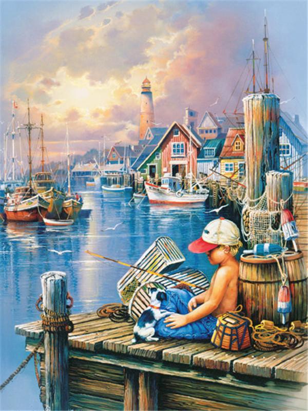 Diamond Painting With Square Rhinestones Kids River 5D Diamond Mosaic Embroidery Fishing Landscape Home Decor