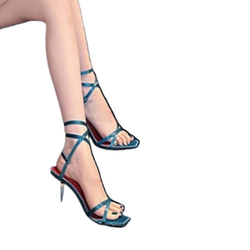Fashion Plus Size 2025 Female Shoes Ankle-wrap Women's Sandals Summer Square Toe Thin Heels Buckle Strap Sandals for Fashion Dress Party
