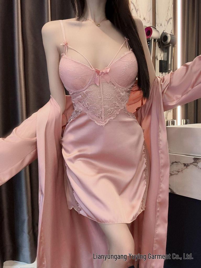 Women's Sexy Lace Nightgown & Robe Set with Spaghetti Straps and Bra Pads