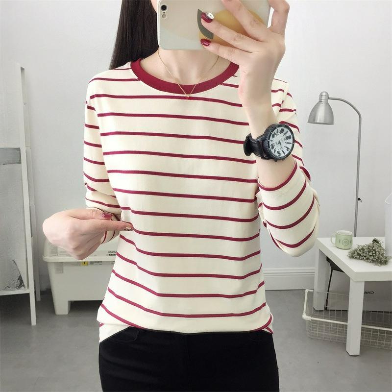 Plus Fat Plus Size Women's Loose Long-sleeved T-shirt Women's Autumn Cotton Striped Bottoming Shirt Top Clothes