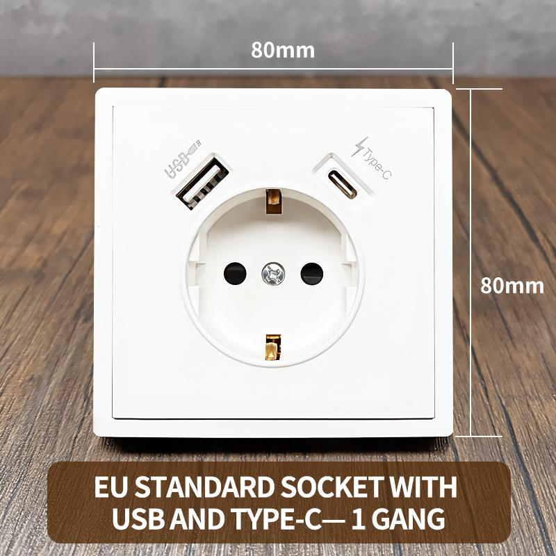 

EU Power Socket ,Schuko Wall Socket, USB Type-C Charging Ports, 16A 250V - 80×80mm, Large PC Board, Modern Wall-Mounted Outlet 1 Schuko USB TypeC&EU чорний