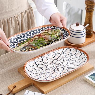 Prato de Peixe Cozido Retrô de Rattan para Casa, Cerâmica Criativa de Restaurante Casa Japonesa Grande Oval Longo