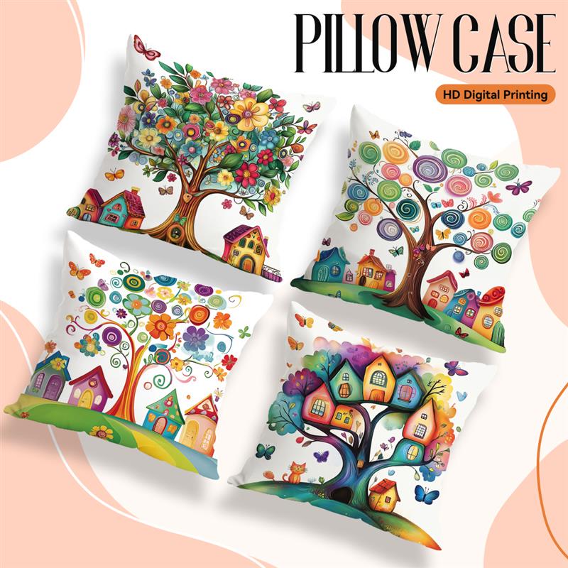Colorful Trees Houses Pillowcase Printed 100% Polyester 45X45Cm Throw Pillowcover Decorative Sofa Cushion Pillowslip Home Decor