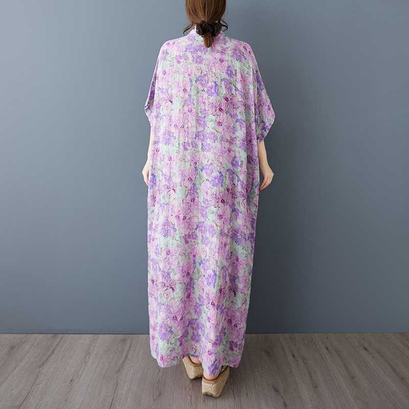 Summer Floral Vacation Style Travel V-neck Retro Long Dress To Hide The Flesh Cotton and Linen Dress