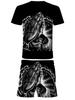 Summer Men Loose Streetwear Praying Hands Print Short Sleeve Set