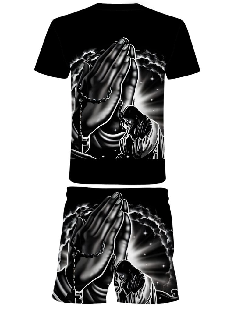 Summer Men Loose Streetwear Praying Hands Print Short Sleeve Set