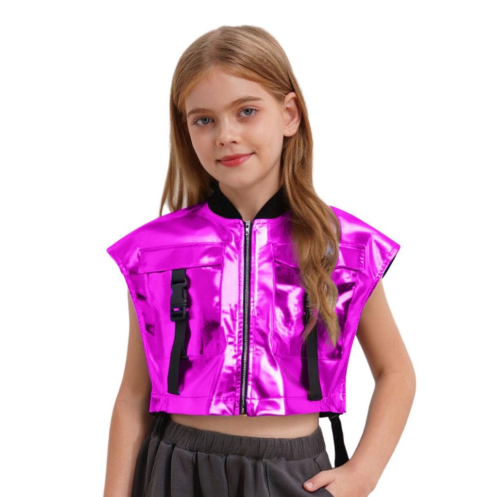 Chaleco de Jazz para Escenario para Niñas: Chaqueta Metálica con Aberturas Laterales, Bolsillos con Cremallera y Hebilla, Top de Rendimiento sin Mangas